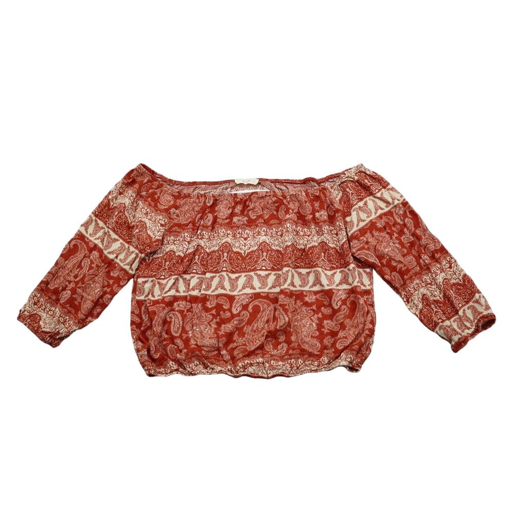 E M Shirt Womens L Red Paisley Long Sleeve Off The Shoulder Pullover Crop Top